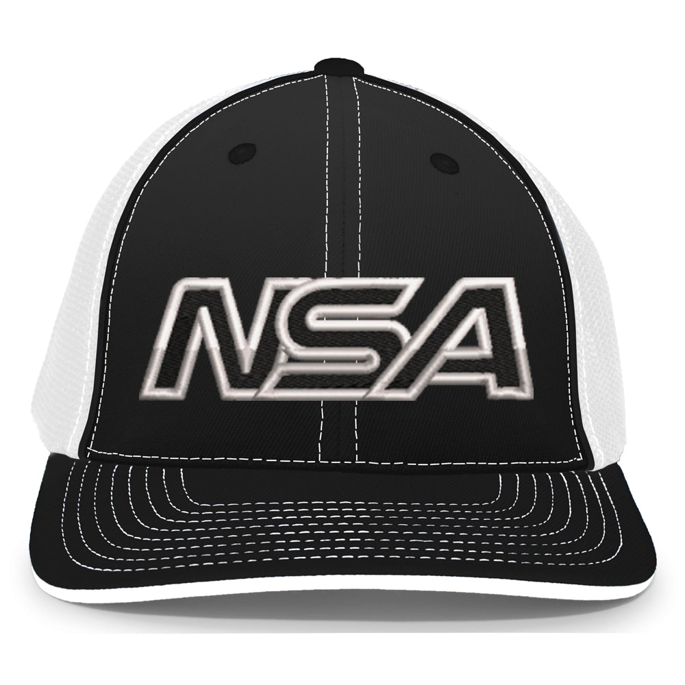 The NSA Outline Series Flex Fit Hat: 404M by Pacific Headwear features a black and white design with white stitching, mesh sides, a U-shape visor, and bold silver-outlined "NSA" lettering on the front.