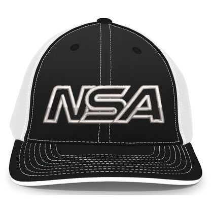 The NSA Outline Series Flex Fit Hat: 404M by Pacific Headwear features a black and white design with white stitching, mesh sides, a U-shape visor, and bold silver-outlined "NSA" lettering on the front.