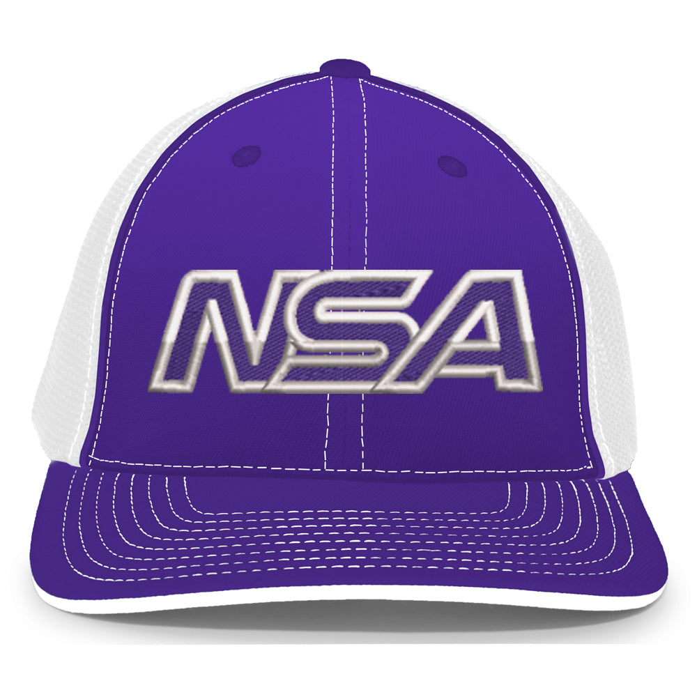 The NSA Outline Series Flex Fit Hat: 404M by Pacific Headwear is a purple and white cap with silver-outlined NSA lettering, a classic U-Shape visor, and a comfortable universal fit.