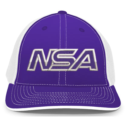 The NSA Outline Series Flex Fit Hat: 404M by Pacific Headwear is a purple and white cap with silver-outlined NSA lettering, a classic U-Shape visor, and a comfortable universal fit.