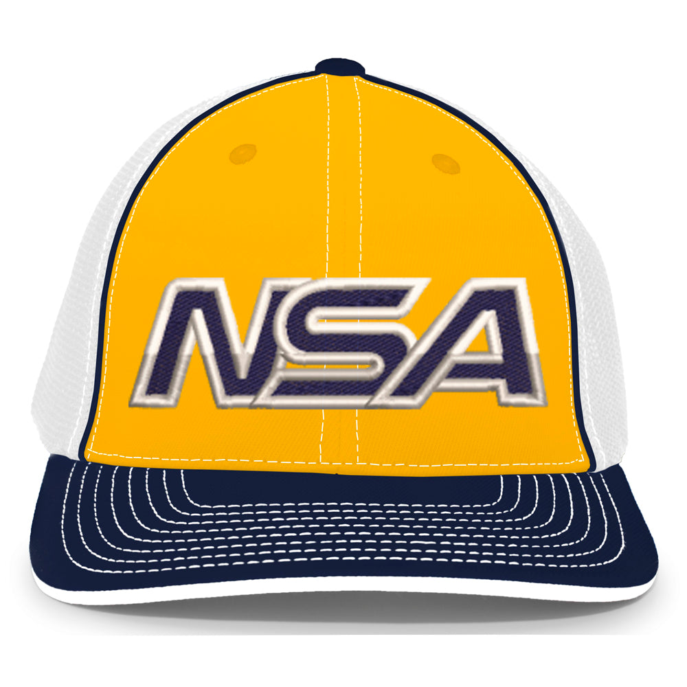 The Pacific Headwear NSA Outline Series Flex Fit Hat (404M) features a yellow and white universal fit with a navy blue U-Shape visor and bold white "NSA" letters with a dark outline on the front.