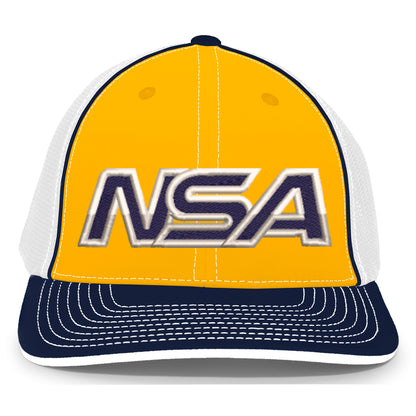 The Pacific Headwear NSA Outline Series Flex Fit Hat (404M) features a yellow and white universal fit with a navy blue U-Shape visor and bold white "NSA" letters with a dark outline on the front.