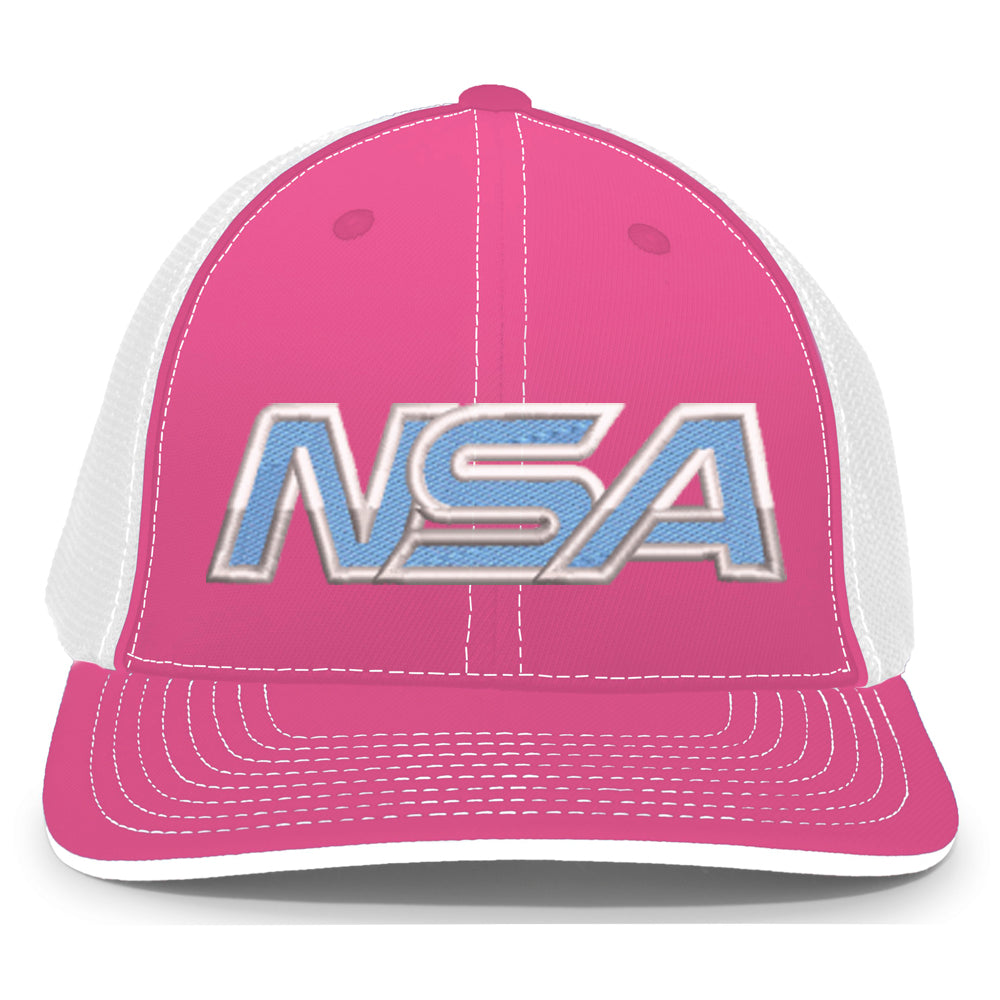 The Pacific Headwear NSA Outline Series Flex Fit Hat (404M) features pink and white colors, mesh sides, a U-Shape visor, and bold shiny blue NSA letters on the front for a standout look.