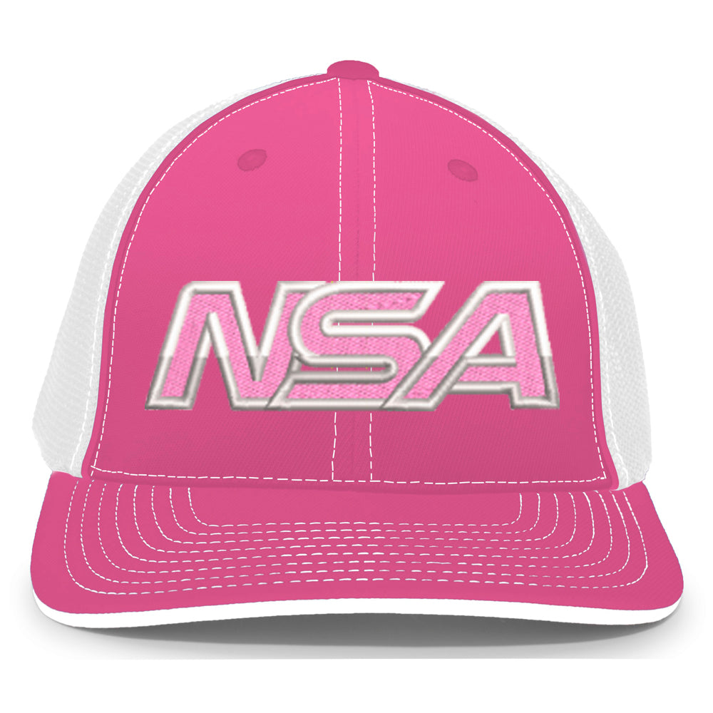 The Pacific Headwear NSA Outline Series Flex Fit Hat: 404M is a pink and white universal-fit cap with bold white NSA letters outlined in silver, a pink brim and stitching, U-shape visor, and classic white mesh back.