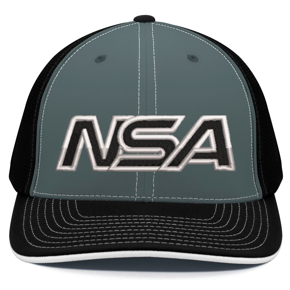 The Pacific Headwear NSA Outline Series Flex Fit Hat: 404M features gray and black coloring, white stitching, bold "NSA" embroidery on the front, and a universal fit design for comfort and style.