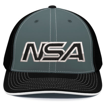 The Pacific Headwear NSA Outline Series Flex Fit Hat: 404M features gray and black coloring, white stitching, bold "NSA" embroidery on the front, and a universal fit design for comfort and style.