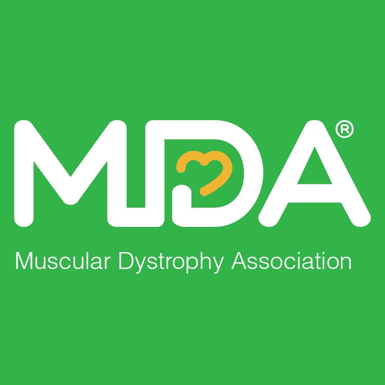 White MDA logo with a heart-shaped design inside the letter D and the words Muscular Dystrophy Association below, all on a green background.