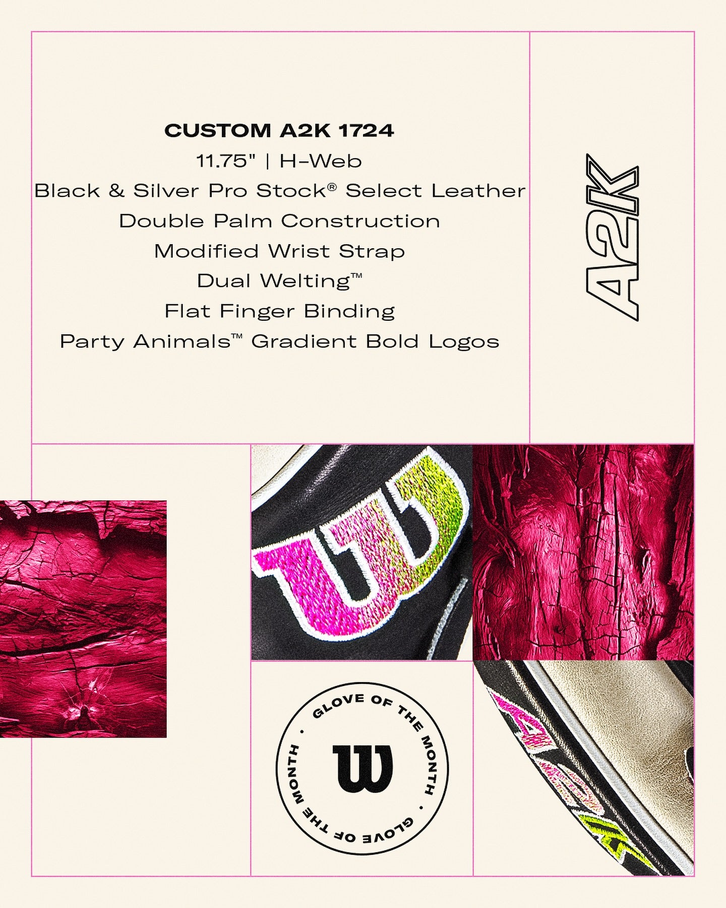 A graphic for the Wilson A2K 1724 11.75" Baseball Glove (GOTM June 2024, WBW1022571175) shows close-ups of Pro Stock Select leather, fine stitching, and bold gradient logos in black, silver, pink, yellow, and red.