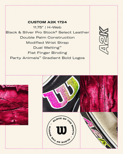 A graphic for the Wilson A2K 1724 11.75" Baseball Glove (GOTM June 2024, WBW1022571175) shows close-ups of Pro Stock Select leather, fine stitching, and bold gradient logos in black, silver, pink, yellow, and red.