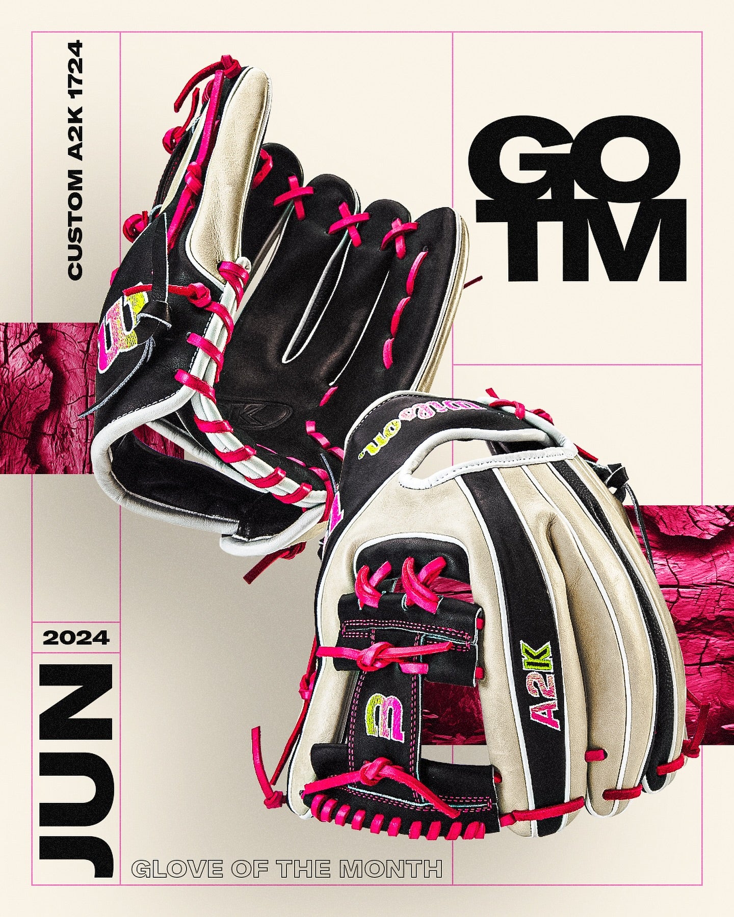 Two Wilson A2K 1724 11.75" baseball gloves (GOTM June 2024) in black, tan, and pink are shown on a pink cracked background. Text: Wilson Glove of the Month, JUN 2024, CUSTOM A2K 1724 with Pro Stock Select leather.