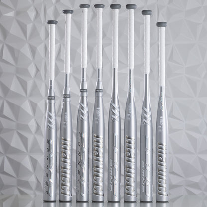 Eight silver fastpitch softball bats with white grips, including the 2025 Marucci Echo DMND2 (-11) MFPED211, stand upright in a row against a light geometric patterned background, highlighting their sleek, modern design.