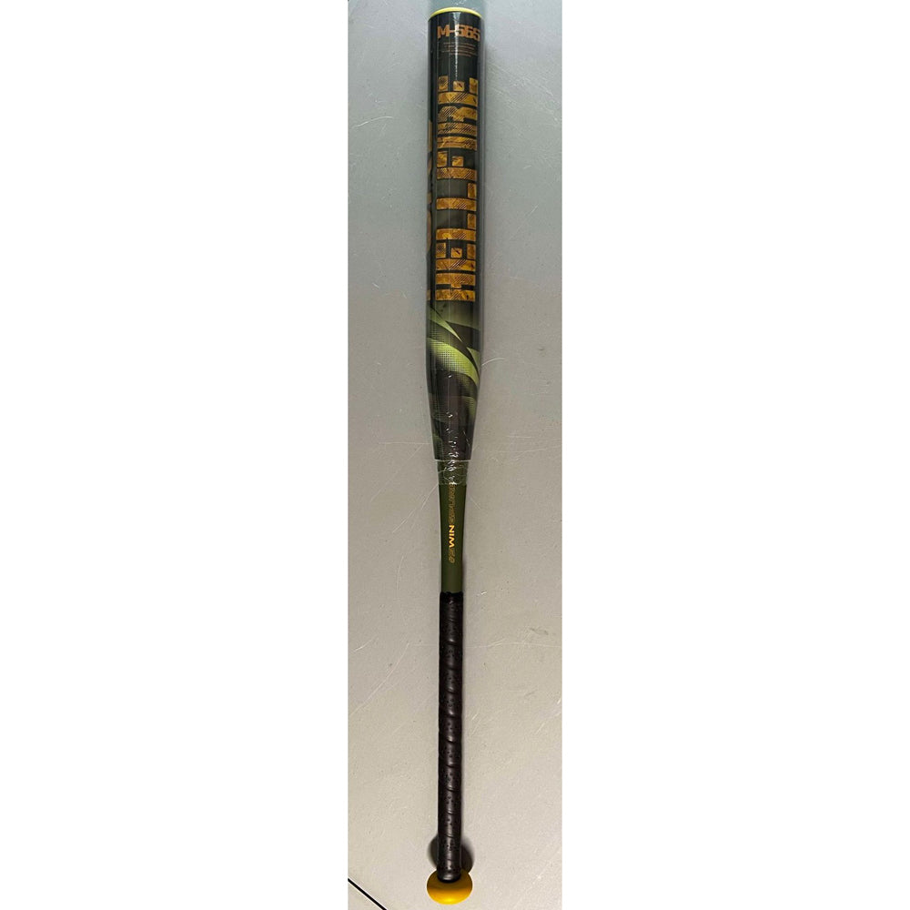 The 2025 Pure Hellfire X22 13″ Endload USA Slowpitch Softball Bat (5135M565) by Pure Sports stands upright, featuring a black and green design with gold branding, a 2-piece composite build, black grip tape handle, and yellow knob.