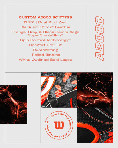 Product info sheet for the Wilson A2000 SC1777SS 12.75" Baseball Glove – GOTM October 2024 (WBW1027911275) by Wilson, featuring orange, grey, and black camo Pro Stock leather, dual post web, SuperSnakeSkin, and close-up glove images.