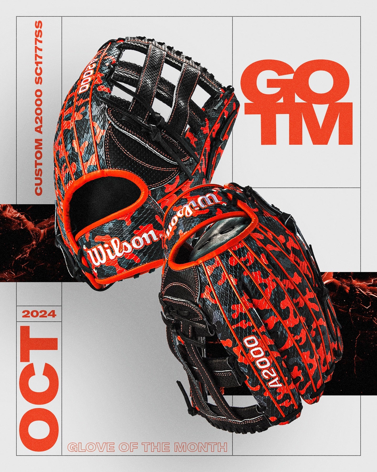 Two black Wilson A2000 SC1777SS 12.75" baseball gloves (GOTM October 2024) with red and orange accents, crafted from Pro Stock leather, are shown. Text reads “Glove of the Month,” “Custom A2000 SC1777SS,” and “OCT 2024.”.