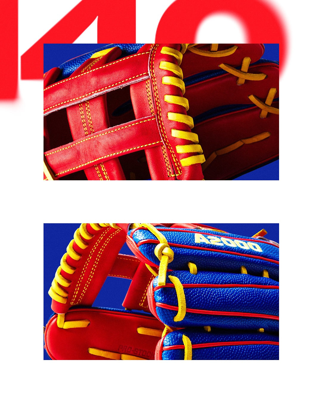 Close-up of two Wilson A2000 1799SS 12.75" Pete Crow-Armstrong GM baseball gloves (GOTM Jan 2025), with detailed stitching and laces, set against a blue and white background.