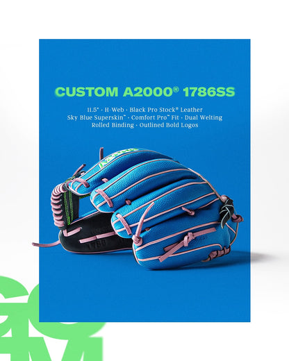 The Wilson A2000 1786SS 11.5" Baseball Glove (GOTM March 2025: WBW103479115) is shown on a blue background, featuring Sky Blue SuperSkin and durable Black Pro Stock leather.