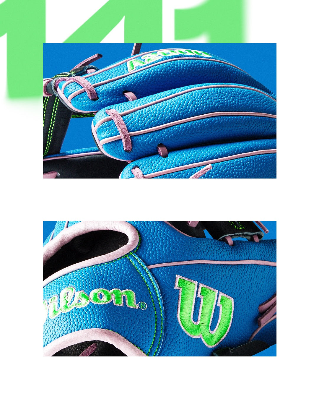 Close-up shots of the Wilson A2000 1786SS 11.5" Baseball Glove (GOTM March 2025: WBW103479115) feature bright blue Pro Stock leather, green and pink accents, detailed stitching, and the Wilson logo on a bold blue background.