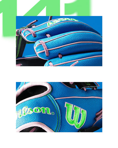 Close-up shots of the Wilson A2000 1786SS 11.5" Baseball Glove (GOTM March 2025: WBW103479115) feature bright blue Pro Stock leather, green and pink accents, detailed stitching, and the Wilson logo on a bold blue background.