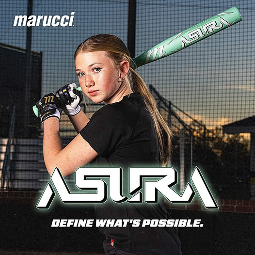 A young woman grips a 2025 Marucci ASURA (-9) Fastpitch Softball Bat (MFPAS9 DEMO), poised to swing on a netted field. Text reads "ASURA. DEFINE WHAT'S POSSIBLE." with the Marucci logo in the top left.