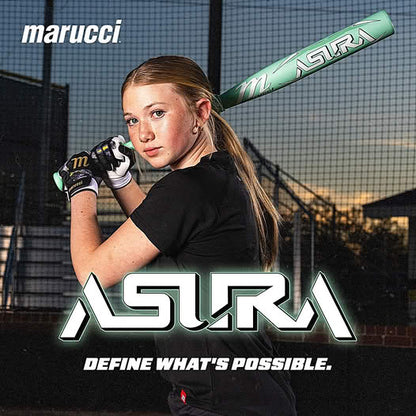 A young woman grips a 2025 Marucci ASURA (-9) Fastpitch Softball Bat (MFPAS9 DEMO), poised to swing on a netted field. Text reads "ASURA. DEFINE WHAT'S POSSIBLE." with the Marucci logo in the top left.