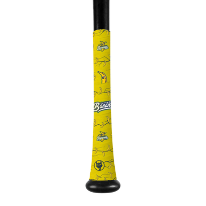 A VukGripz Bat Grip Tape by VukGripz, wrapped on a baseball bat handle, features bright yellow color with cartoon bananas and the Savannah Bananas logo for optimal grip, displayed against a plain white background.
