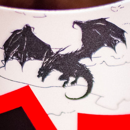 A stylized black dragon with outstretched wings flies among abstract clouds on white, complemented by bold red and black shapes that mirror the sleek DeMarini 2026 Exile (-3) BBCOR Baseball Bat: WBD2589010 design.