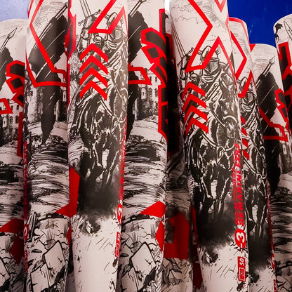 Several cylindrical objects are stacked vertically, each featuring black and white illustrations of armored knights on horseback, accented with bold red patterns and numbers inspired by the 2026 DeMarini Exile (-3) BBCOR Baseball Bat: WBD2589010 by DeMarini.