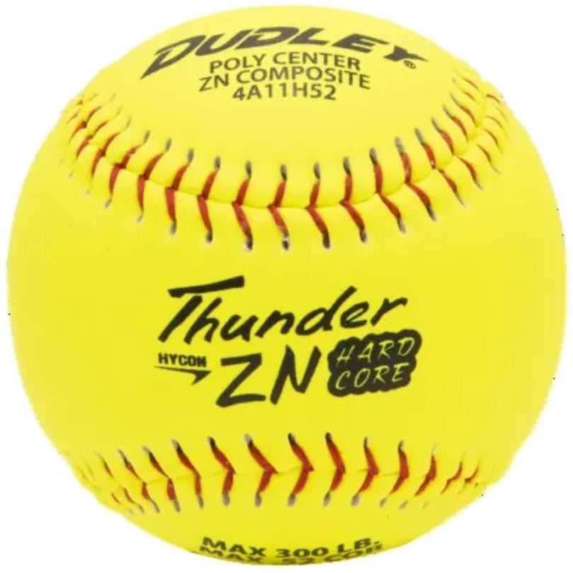 The Dudley USA Thunder ZN Hard Core 11" 52/300 Composite Slowpitch Softball (4A11H52) features optic yellow cover, red stitching, black text, poly core design, and max compression of 300 lbs. Brand: Dudley.