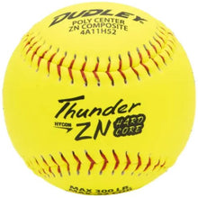 The Dudley USA Thunder ZN Hard Core 11" 52/300 Composite Slowpitch Softball (4A11H52) features optic yellow cover, red stitching, black text, poly core design, and max compression of 300 lbs. Brand: Dudley.