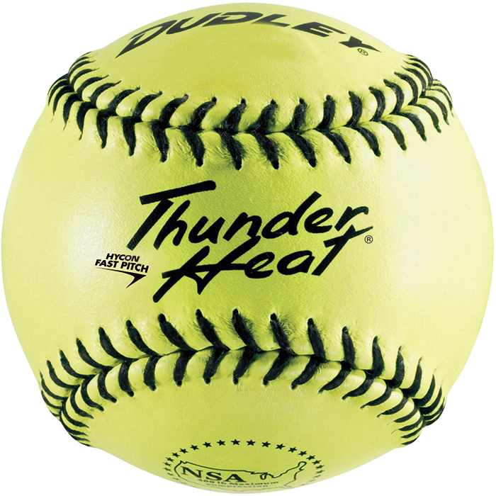 A close-up of a Dudley NSA Thunder Heat 12″ 47/375 Leather Fastpitch Softball with bright yellow leather, black stitching, and printed text—including HYCON FAST PITCH and the NSA (National Softball Association) logo—showcasing its designation as an NSA Approved Softball from Dudley.