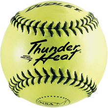 A close-up of a Dudley NSA Thunder Heat 12″ 47/375 Leather Fastpitch Softball with bright yellow leather, black stitching, and printed text—including HYCON FAST PITCH and the NSA (National Softball Association) logo—showcasing its designation as an NSA Approved Softball from Dudley.