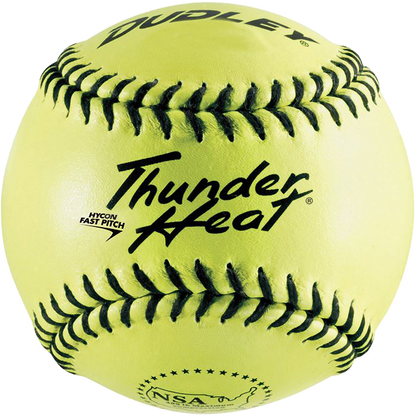 A close-up of a Dudley NSA Thunder Heat 12″ 47/375 Leather Fastpitch Softball with bright yellow leather, black stitching, and printed text—including HYCON FAST PITCH and the NSA (National Softball Association) logo—showcasing its designation as an NSA Approved Softball from Dudley.