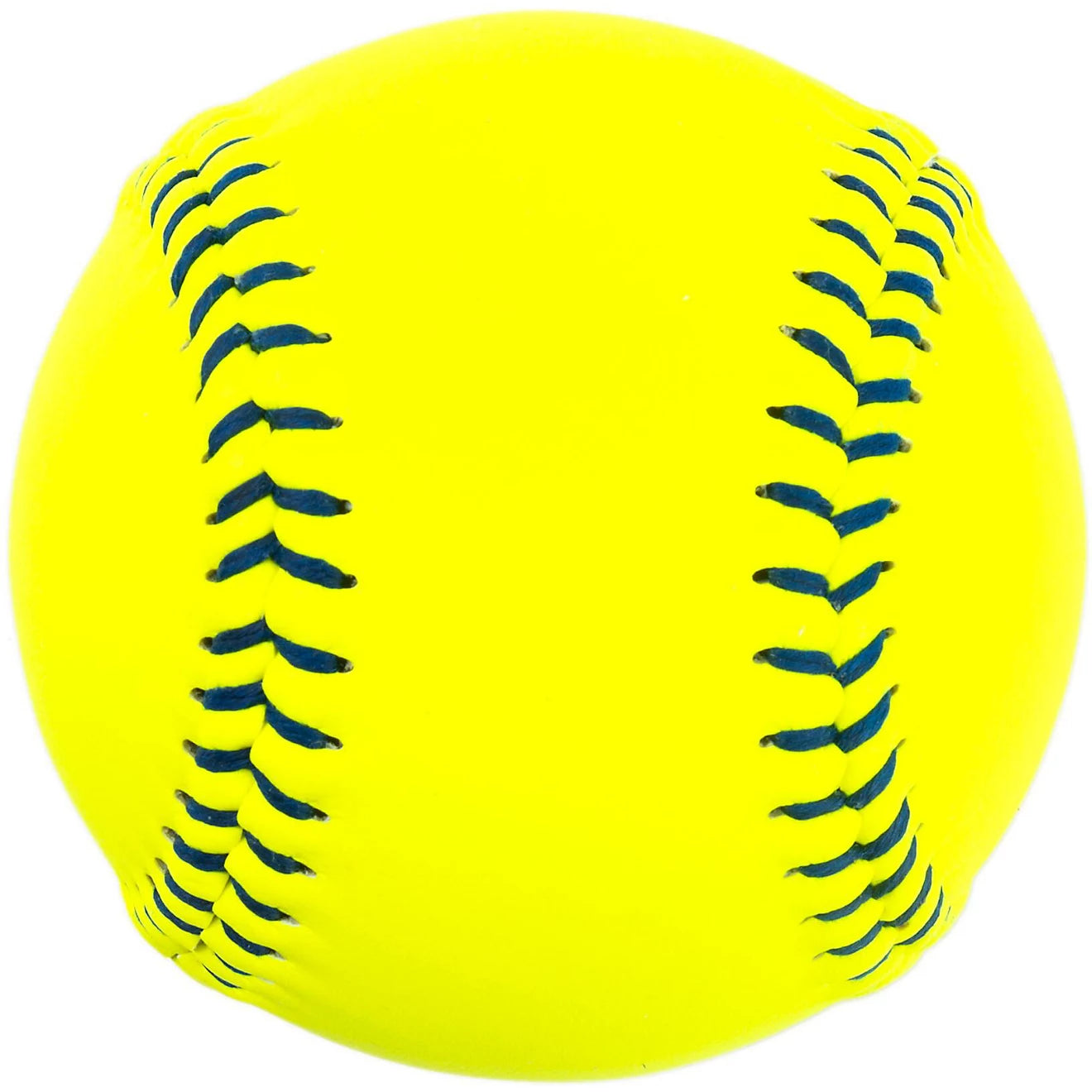 A Dudley USSSA Thunder Heat 12" 47/375 leather fastpitch softball (4U147Y) in bright yellow with dark blue stitching is displayed against a white background.