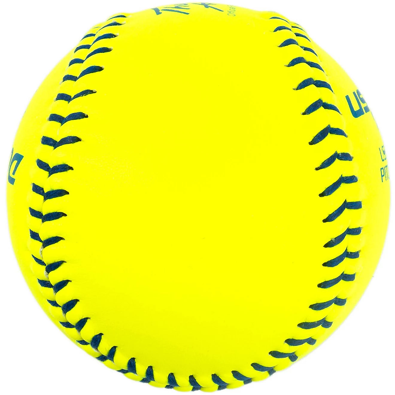 A Dudley USSSA Thunder Heat 12" 47/375 Leather Fastpitch Softball (4U147Y) by Dudley, featuring bright yellow leather and dark blue stitching, is shown against a white background.