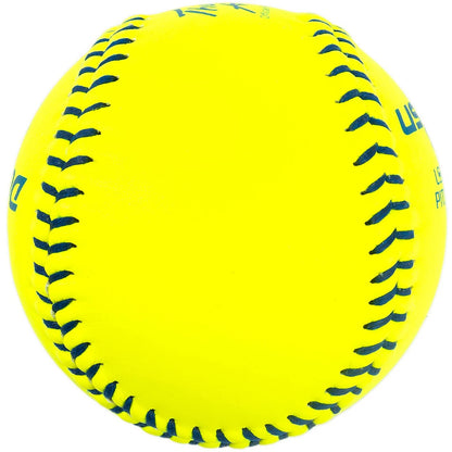 A Dudley USSSA Thunder Heat 12" 47/375 Leather Fastpitch Softball (4U147Y) by Dudley, featuring bright yellow leather and dark blue stitching, is shown against a white background.