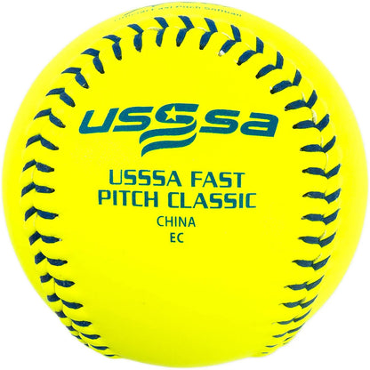 A Dudley USSSA Thunder Heat 12" 47/375 leather fastpitch softball, bright yellow with visible stitching, features blue "USSSA FAST PITCH CLASSIC" and "USSSA" text and "CHINA EC" printed below. Model: 4U147Y.