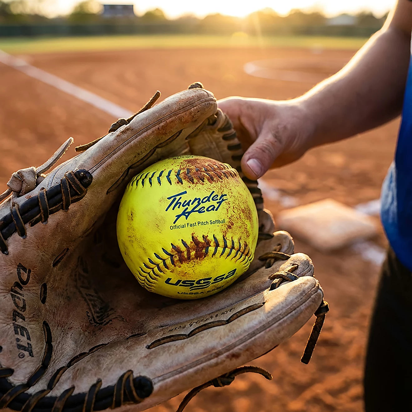 A person in a blue shirt holds a Dudley USSSA Thunder Heat 12" 47/375 Leather Fastpitch Softball (4U147Y) in a worn glove on a sunlit field, with reddish dirt and green grass in the background.