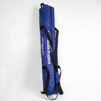 The PowerNet 7' x 7' Deluxe Replacement Carry Bag (1094) is a long blue bag with black straps, a zipper, and the white PowerNet logo on the side—ideal for storing your 7x7 hitting net or replacement net.