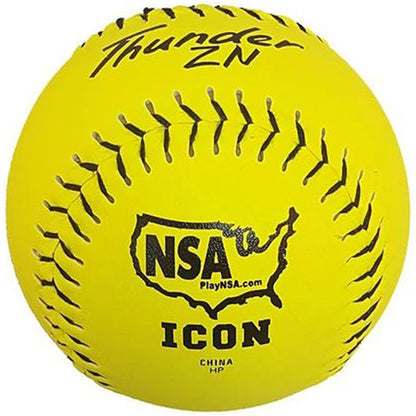 The Dudley NSA Thunder ZN ICON 12" 44/400 Composite Slowpitch Softball (4E199Y) is a bright yellow, durable polycore ball with black stitching and a U.S. map—perfect for games requiring top-quality softballs.