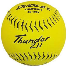 The Dudley NSA Thunder ZN ICON 12" 44/400 Composite Slowpitch Softball (4E199Y) features bright yellow cover, black stitching, and bold branding—perfect for players seeking premium quality from Dudley.