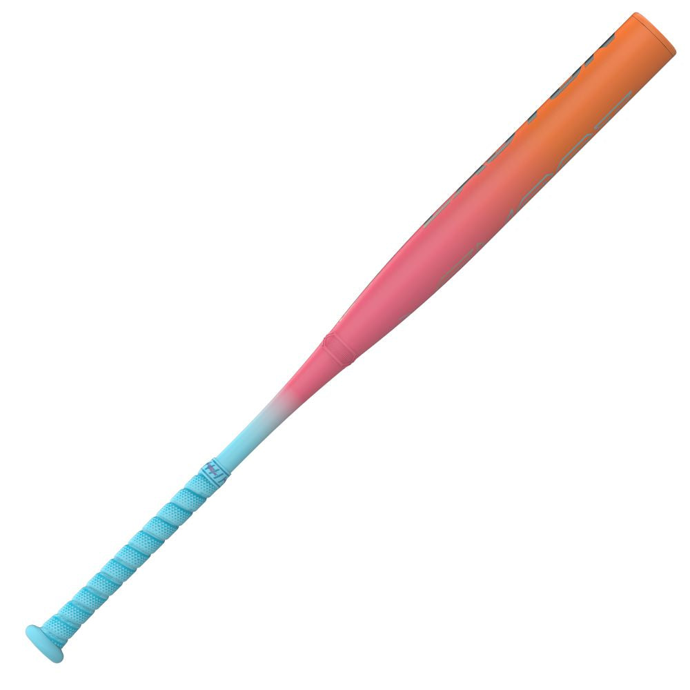 The 2025 Easton Ghost OG Rainbow Sherbet (-11) Fastpitch Softball Bat (EFP5GHRS11) features a blue grip, fading to pink and orange at the barrel, and is displayed on a white background.
