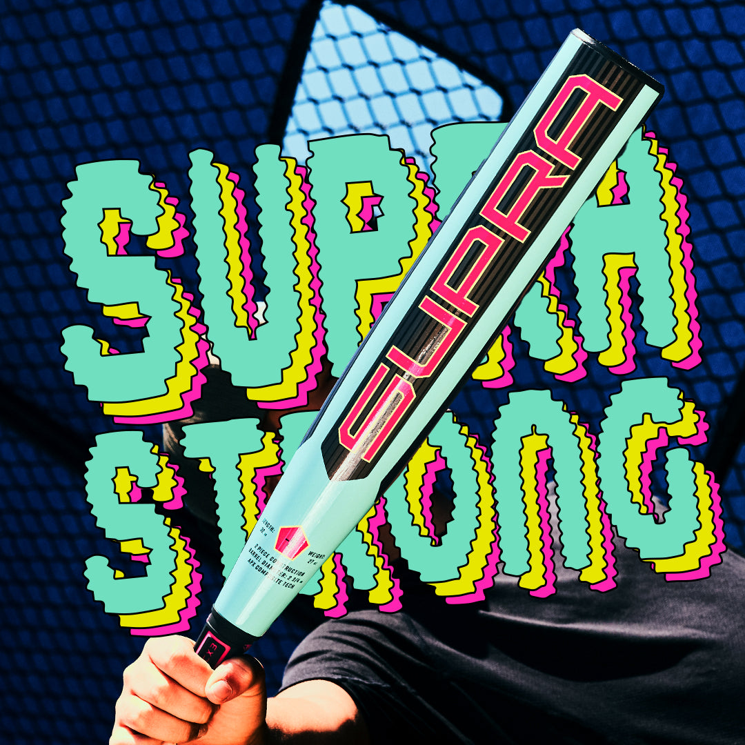 A person holds a light blue 2026 Louisville Slugger Supra (-5) 2 3/4" USSSA Baseball Bat (WBL4120010) with a composite barrel, in front of colorful SUPRA STRONG letters—a perfect choice for travel ball players.