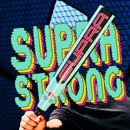 A person holds a light blue 2026 Louisville Slugger Supra (-5) 2 3/4" USSSA Baseball Bat (WBL4120010) with a composite barrel, in front of colorful SUPRA STRONG letters—a perfect choice for travel ball players.