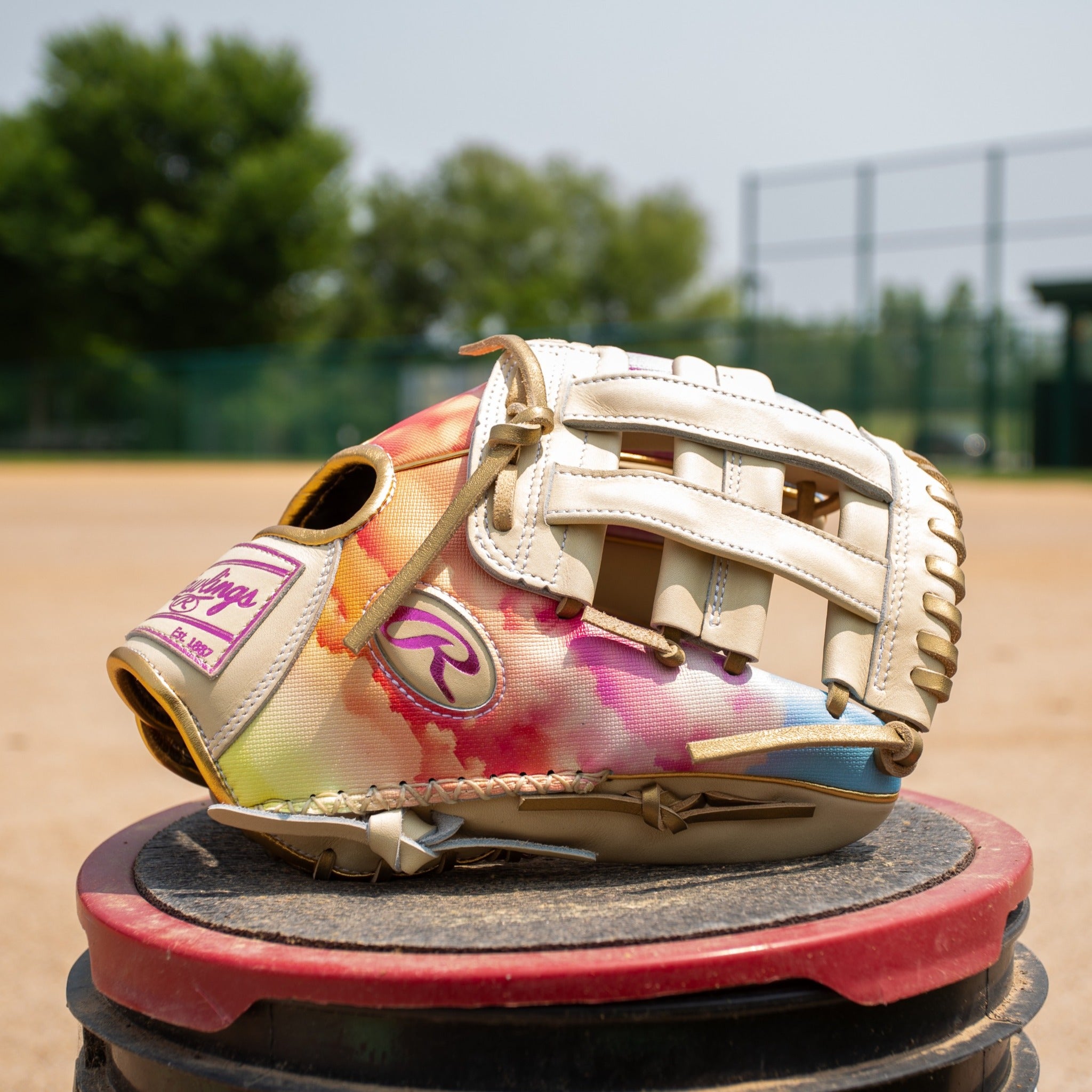 A colorful Rawlings baseball glove with a tie-dye pattern rests on a red and black bucket on a baseball field, with trees and a fence visible in the background.