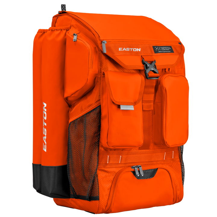 Orange backpack with multiple pockets and visible Easton branding on a white background baseball softball