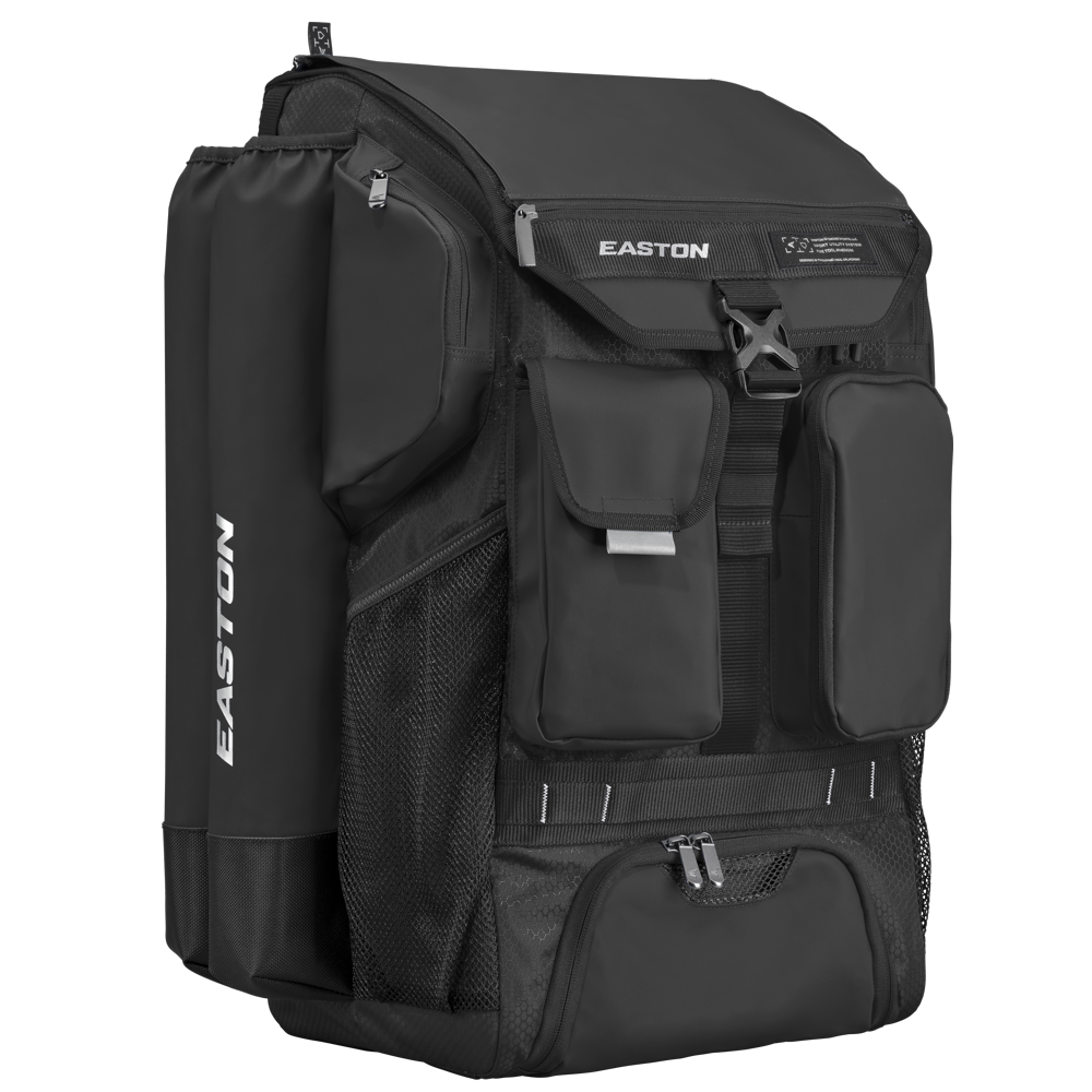 The Easton 5-Tool Phenom Backpack (5TPHENOMBP) by Easton is a spacious baseball gear bag with multiple zippered compartments, mesh side pockets, two front pockets, a top flap, and a large main compartment featuring the white Easton logo.