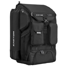 The Easton 5-Tool Phenom Backpack (5TPHENOMBP) by Easton is a spacious baseball gear bag with multiple zippered compartments, mesh side pockets, two front pockets, a top flap, and a large main compartment featuring the white Easton logo.