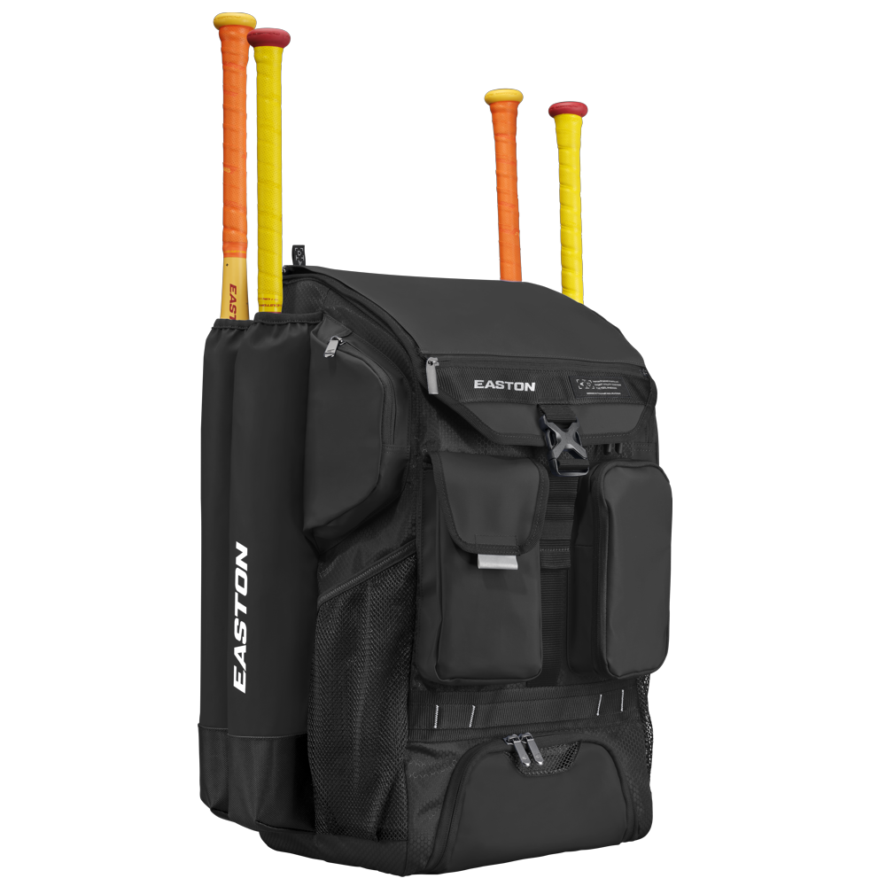 The Easton 5-Tool Phenom Backpack: 5TPHENOMBP in black offers ample space with multiple zippered compartments, mesh pockets, and side sleeves to securely hold three bats with yellow and orange handles—ideal for carrying baseball gear.