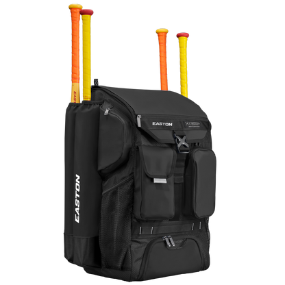 The Easton 5-Tool Phenom Backpack: 5TPHENOMBP in black offers ample space with multiple zippered compartments, mesh pockets, and side sleeves to securely hold three bats with yellow and orange handles—ideal for carrying baseball gear.
