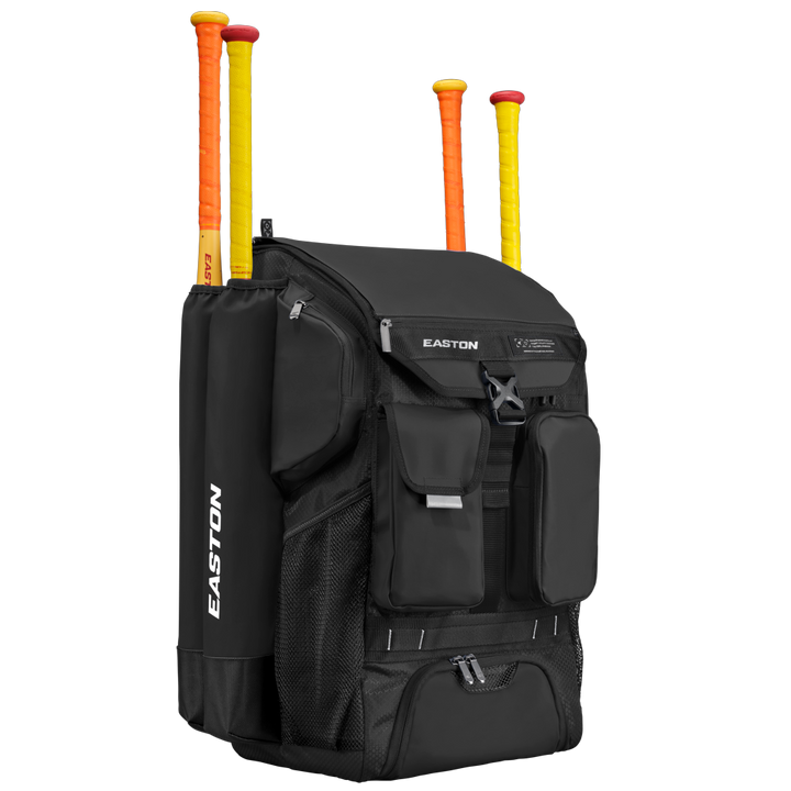 Black Easton baseball softball backpack with multiple compartments on a white background 